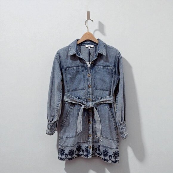 NWT Jacquie the Label Elodie Cotton Embroidered Denim Mini Shirt Dress - Picture 2 of 10